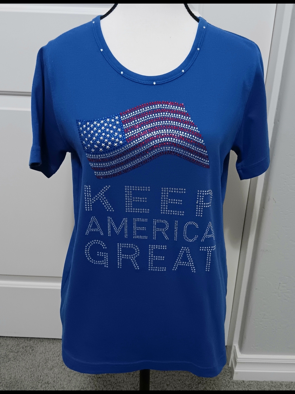 Get Lucky- Women's Royal Blue Short-Sleeve Rhinestone Flag Tee